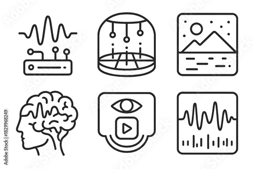 AI Music Icons. Line style icons of AI-generated music visuals: waveform from algorithm, beat-mapped light design, ambient audio