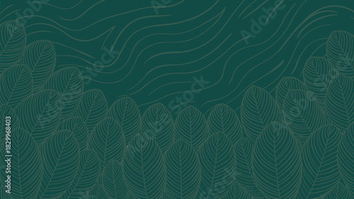 A dark teal background with stylized leaves and wavy lines creating a textured and organic feel design