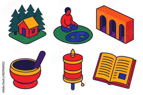 Silent Forest Hermitages. Isometric vector illustration set History of silence: forest hermitages, meditative ponds, silent