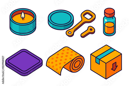 Candle Making Essentials. Isometric vector illustration set Candle making – travel candle tin, lid opener, wick tab; fragrance