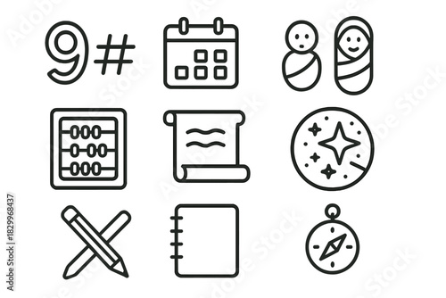Destiny Number Icons. Line style icons of Destiny Numbers: Number Significance, Birthday, Symbolic Meaning, Math; Calendar, Abacus