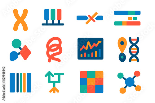 Comparative Genomics Icons. Flat vector icons of comparative genomics: chromosome, gene cluster, mutation point, sequence