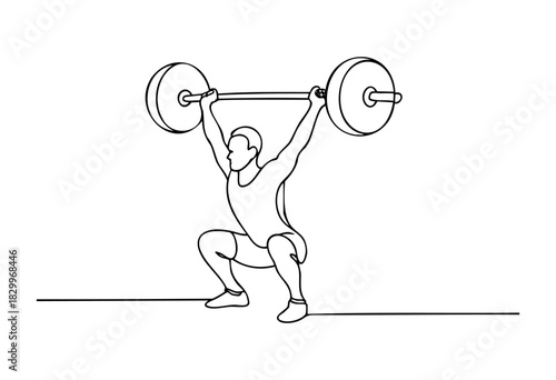 A weightlifter in an overhead squat position, holding a barbell with both hands, depicted in a minimalist black continuous line art style on a clean white background.