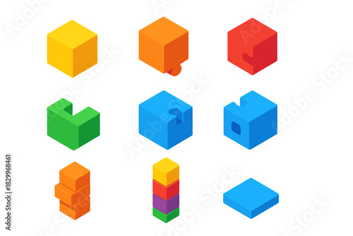 Colorful 3D Puzzle Blocks. Isometric vector illustration set Puzzle pieces – cubic block, interlocking cube, docking notch; 3D