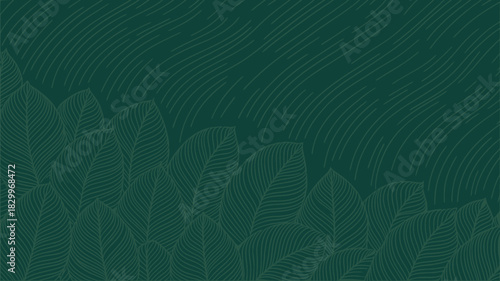 A dark green background featuring a pattern of stylized leaves and curved lines in a lighter green hue