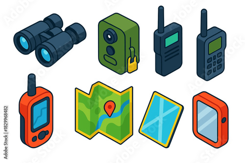 Disaster Preparedness Icons. Isometric vector illustration set Disaster preparedness – binoculars, field glasses, monocular; trail