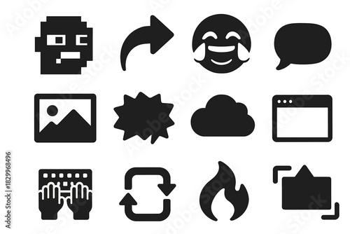 Internet Meme Icons. Solid style icons of internet memes as cultural units: pixelated face, share arrow, viral post icon, laughing