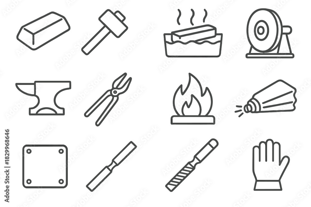 Fototapeta premium Blacksmith Craft Icons. Line style icons of Blacksmith Craft: Steel Ingot, Hammer, Water Quench, Grinding Wheel; Anvil, Tongs,