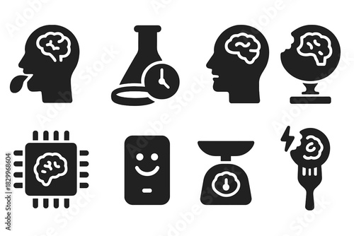 Edible Memory Icons. Solid style icons of edible memory experiments: taste test memory icon, lab with time dish, reaction recall