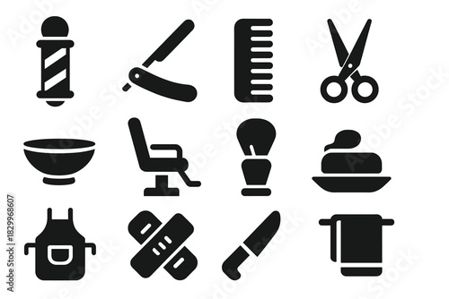 Barber-Surgeon Icon Set. Solid style icons of Barber-Surgeons: Barber Pole, Razor, Comb, Shears, Small Bowl, Chair, Brush, Soap,