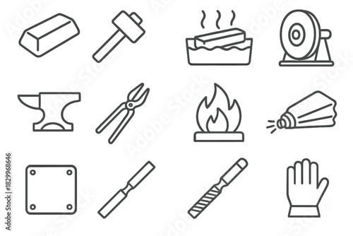 Blacksmith Craft Icons. Line style icons of Blacksmith Craft: Steel Ingot, Hammer, Water Quench, Grinding Wheel; Anvil, Tongs,
