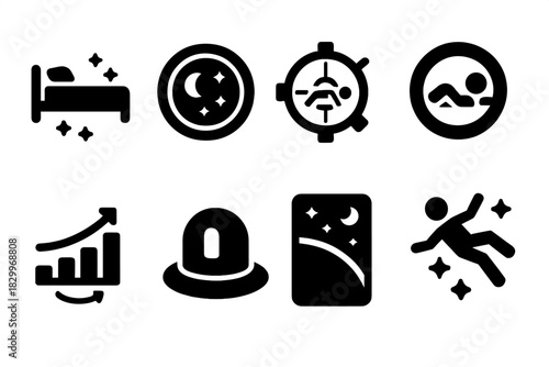 Zero-Gravity Hotel Icons. Solid style icons of zero-gravity hotels: floating bed glyph, orbital window icon, spin room badge.