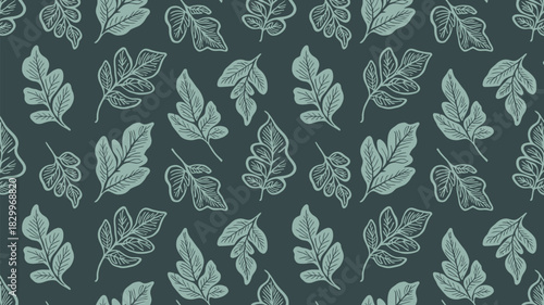 A seamless pattern of stylized light blue leaves on a dark teal background with a hand drawn feel to it