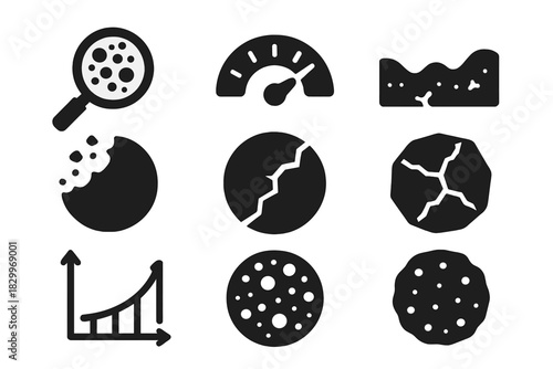 Texture Exploration Icons. Solid style icons of texture exploration: crumb scale, crunchiness meter, foam crack wave. Flaky edge