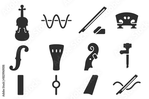 Violin Sound Icons. Solid style icons of violin sound production: violin body, vibrating string, bow with rosin, bridge resonance,