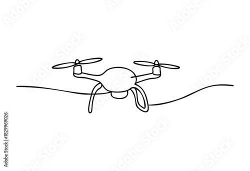 A drone, rendered in a continuous single line art style, featuring a minimalist black outline on a clean white background.