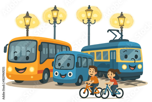Cheerful Transit Parade. Public transit parade with happy buses, cheerful trains, and bicycles rolling beside glowing streetlights