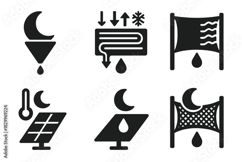 Night Water Collection Icons. Solid style icons of nighttime water collection: moon with dew trap, night-cooled condenser, cool
