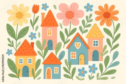 Whimsical Floral Village. Whimsical floral illustration with vibrant little houses nestled among blooming flowers, soft pastel