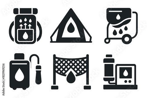 Portable Water Harvesting Icons. Solid style icons of portable water harvesting units: backpack with water collector, foldable fog