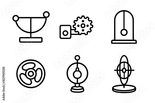 Miniature Kinetic Mechanisms. Line style icons of miniature kinetic mechanisms: tabletop balance sculpture, small motor gear form,