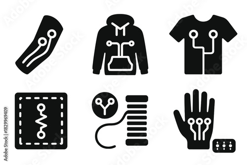 Wearable Tech Icons. Solid style icons of wearable circuits and garments: fiber circuit sleeve, hoodie with wiring, smart fabric