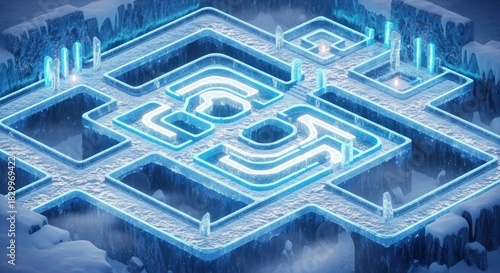 Abstract Labyrinth with Glowing Blue Neon Lines and Futuristic Design.