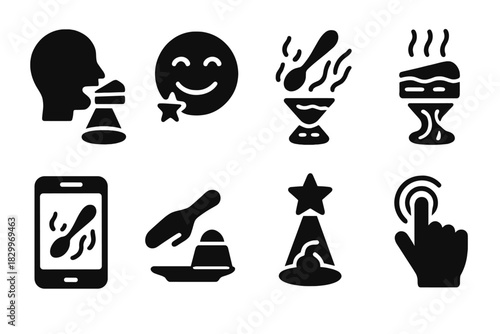 Holographic Flavor Experience. Solid style icons of hologram tasting: person biting light projection, reaction face with stars,