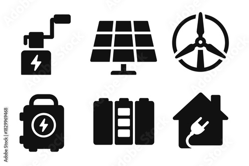 Energy Independence Icons. Solid style icons of energy independence tools: hand crank glyph, solar panel icon, wind turbine badge.