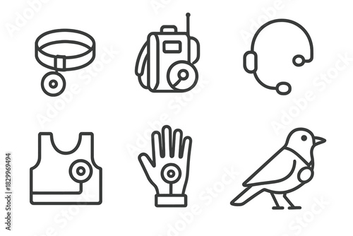 Bioacoustic Tech Icons. Line style icons of wearable bioacoustic tech: audio collar for wildlife, backpack sound recorder, ear mic