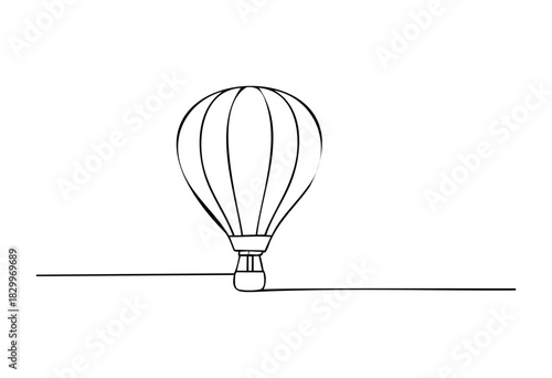 A hot air balloon, drawn with a single continuous line, featuring a minimalist black outline design on a clean white background, symbolizing flight, travel, and adventure.