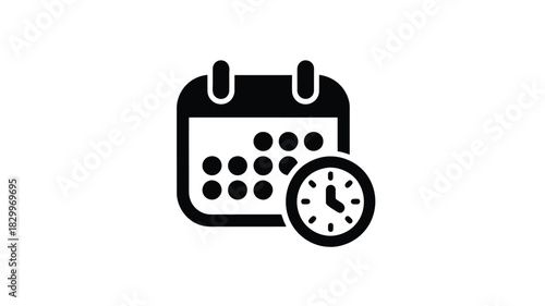 A black and white icon showing a calendar with a clock overlay representing scheduling and appointments
