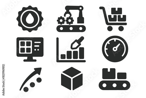 Small-Batch Production Icons. Solid style icons of small-batch production: limited series badge, short run assembly icon, batch