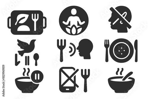 Silent Meal Icons. Solid style icons of silent meal rituals: food tray with leaf icon, mindful eating badge, no-talk at table