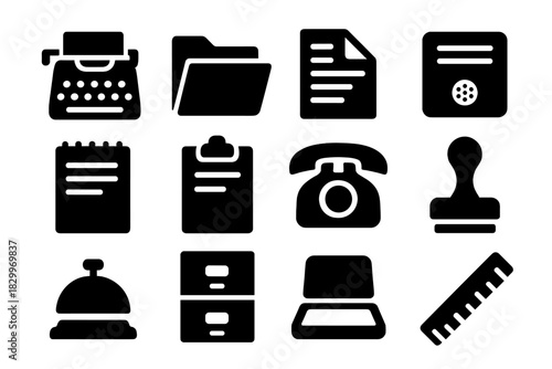 Office Communication Icons. Solid style icons of Office Communication: Typewriter, File Folder, Carbon Paper, Intercom, Notepad,
