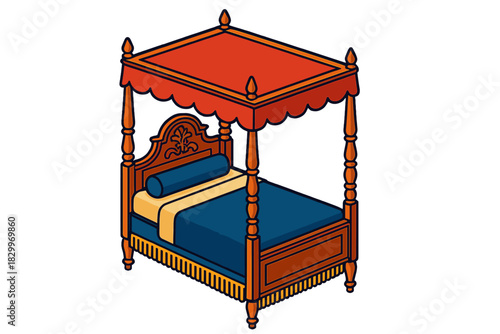 Antique Four-Poster Bed. Isometric vector illustration set Antique furniture – Colonial four-poster bed, turned posts, tester