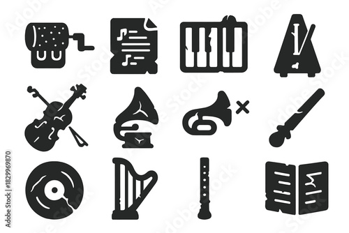 Forgotten Melody Icons. Solid style icons of Forgotten melody: music box cylinder, faded sheet music, silent keys, dusty metronome