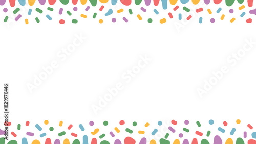 A white background with a border of colorful sprinkles and rounded shapes at the top and bottom edge