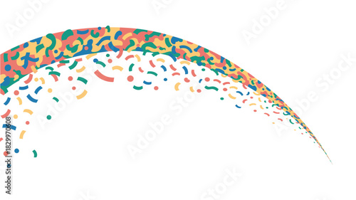 An abstract arc of colorful confetti on a white background creating a festive and celebratory feel
