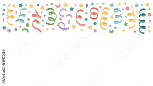 A festive border with colorful confetti, streamers, and stars scattered across the top of a white background