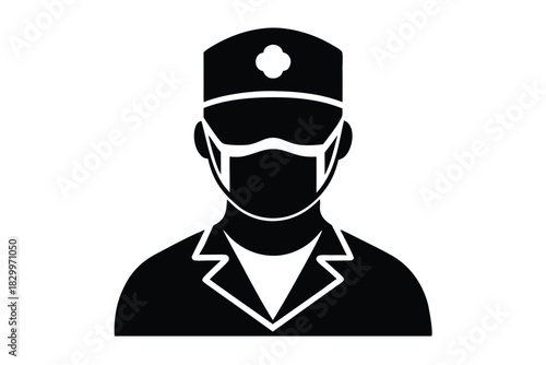 shows medic dressed in medical coat and wearing a mask