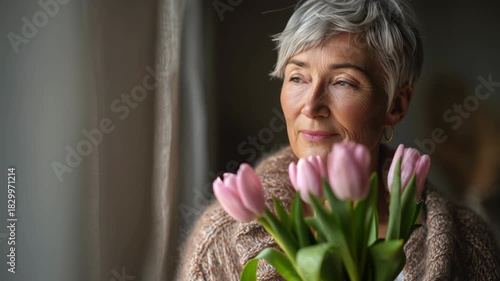 A senior woman with short gray hair smiles gently while holding a bouquet of pink tulips. Soft natural light illuminates her serene expression.