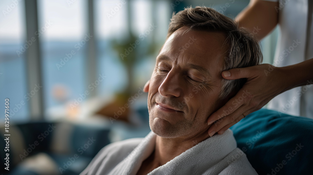 Obraz premium Defocused senior man enjoying massage at luxury cruise spa faceless wellness treatment for mature traveler relaxation therapy at sea health and wellness vacation peaceful spa