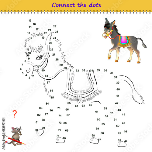 Connect the dots from 1 to 90 and draw the toy donkey. Trace the lines between numbers. Coloring book. Develop counting skills. Educational puzzle game for children. Hand drawn vector illustration.
