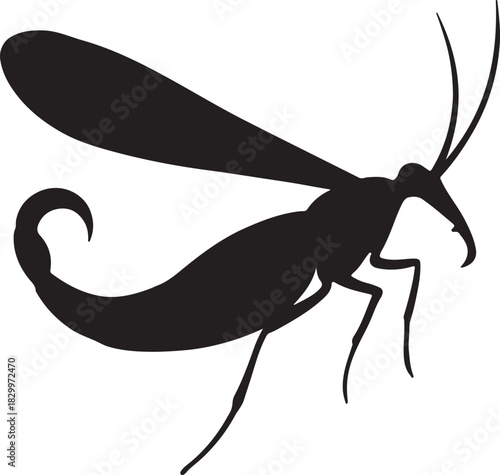 Silhouette of an insect with long antennae, wings, and proboscis