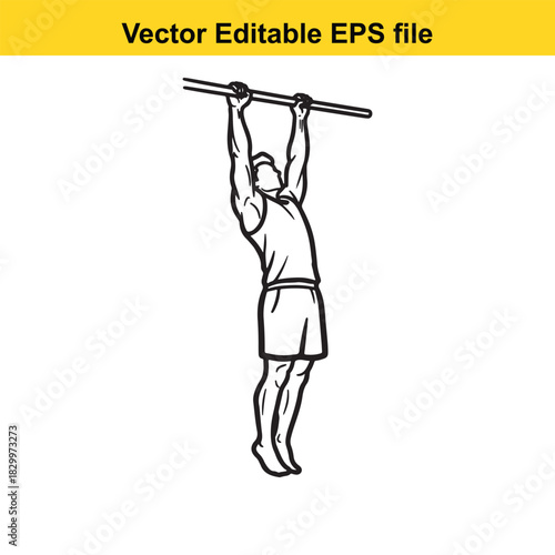 Outline vector illustration of a man performing a pull up exercise on a horizontal bar, isolated on white background