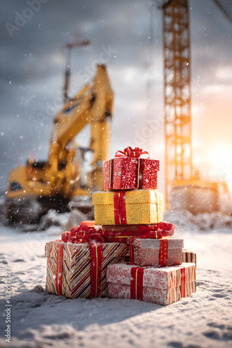 Christmas gifts with ribbons on snowy construction site, excavator and crane in background, snowfall and sun breaking through winter clouds.