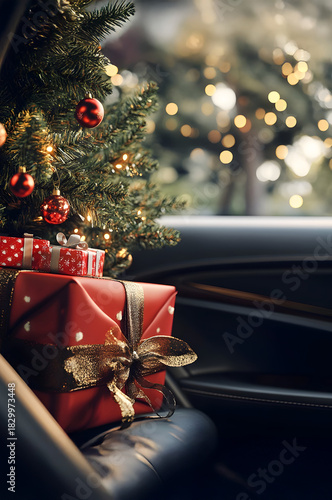 Decorated Christmas tree with gifts inside a car standing on a passanger seat. Concept of Christmas celebration during travel and holiday.