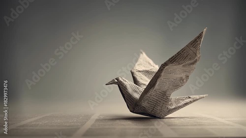 A paper origami bird made from newspaper sits on a flat surface. The bird is intricately folded, showcasing fine details and textures of the paper.