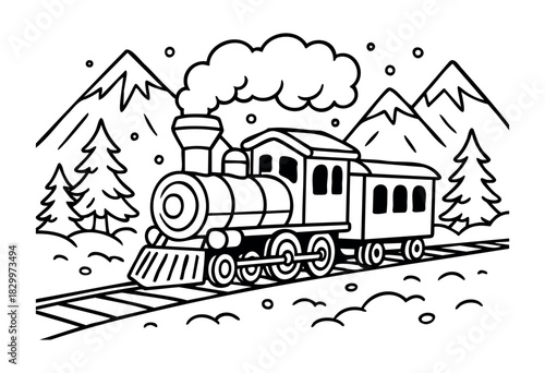 A simple black and white line art illustration of a steam train traveling on a railway through a snowy mountain landscape with pine trees and smoke from the engine, perfect for a coloring book.